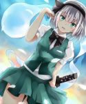  1girl bangs black_bow black_bowtie black_hairband blue_eyes blunt_bangs blush bow bowtie breasts collared_shirt cowboy_shot dutch_angle green_skirt green_vest hair_ribbon hairband highres konpaku_youmu konpaku_youmu_(ghost) looking_at_viewer medium_breasts parted_lips puffy_short_sleeves puffy_sleeves ribbon shirt short_hair short_sleeves silver_hair skirt skirt_set smile solo touhou vest white_shirt yuki_(snowmaiden) 