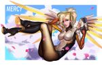  1girl absurdres black_boots blonde_hair blue_eyes blue_sky bodysuit boots breasts brown_legwear cherry_blossoms clouds dongyunhan emblem faulds finger_on_trigger floating full_body glowing glowing_wings gun hair_tie handgun high_heel_boots high_heels highres holding holding_gun holding_weapon knee_boots legs_crossed lips looking_at_viewer mechanical_halo mechanical_wings medium_breasts mercy_(overwatch) nose outdoors overwatch pantyhose patch pelvic_curtain petals pink_lips pistol reclining signature sky smile solo spread_wings weapon white_bodysuit white_border wings yellow_wings 