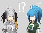  !? 2girls black_hair blonde_hair blue_eyes blue_hair breasts earrings eyebrows_visible_through_hair grey_hair grey_necktie highres jewelry kemono_friends leona_heidern long_hair looking_at_another multicolored_hair multiple_girls necktie ponytail sakuhiko shoebill_(kemono_friends) short_hair short_ponytail the_king_of_fighters the_king_of_fighters_&#039;96 twitter_username 