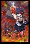  1girl artist_name black_hair blue_eyes commentary_request female fingerless_gloves fire gloves kill_la_kill litten looking_at_viewer matoi_ryuuko multicolored_hair poke_ball pokemon pokemon_(creature) school_uniform short_hair signature smile streaked_hair yuukinparadise 