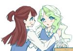 2girls blue_eyes blush brown_hair diana_cavendish eye_contact green_hair highres holding_arm kagari_atsuko little_witch_academia long_hair looking_at_another multicolored_hair multiple_girls red_eyes simple_background white_background yuri 