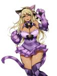  &gt;:3 1girl :3 animal_ears argyle argyle_legwear bare_shoulders bell blonde_hair bow bowtie breasts cat_ears cat_tail cheshire_cat_(monster_girl_encyclopedia) claws cleavage eyebrows_visible_through_hair eyes_visible_through_hair fake_animal_ears fang fur green_eyes hair_bow hair_ornament hairband hairclip highres jingle_bell large_breasts layered_skirt long_hair looking_at_viewer monster_girl_encyclopedia paws purple_legwear simple_background solo tail teru_(renkyu) thigh-highs thighs very_long_hair white_background 