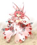  1girl breasts cleavage_cutout dress elphelt_valentine gloves green_eyes guilty_gear guilty_gear_xrd gun hat highres holding holding_gun holding_weapon large_breasts pink_hair weapon 