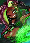 1girl ;) absurdres arm_up armpits bare_arms bare_shoulders black_gloves collarbone crop_top dark_skin eyelashes fingerless_gloves fingernails gloves green_eyes grin headphones high_collar highres long_hair looking_at_viewer marina_(splatoon) midriff nail_polish navel navel_piercing one_eye_closed partially_unzipped piercing pose purple_hair saikoraru skirt skirt_set smile solo spinning splatoon splatoon_2 stomach tentacle_hair upper_body zipper