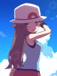  1girl :o arm_up bare_shoulders blue_(pokemon) blue_sky breasts brown_eyes brown_hair clouds day from_side hat long_hair looking_back medium_breasts open_mouth outdoors pokemon pokemon_(game) pokemon_frlg red_skirt shirt skirt sky sleeveless sleeveless_shirt solo sun_hat wristband 