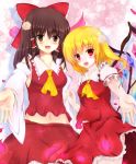  2girls ascot bangs belly_peek black_hair blonde_hair blush bow breasts brown_eyes cowboy_shot crystal detached_sleeves flandre_scarlet flower foreshortening frilled_shirt_collar frilled_skirt frills hair_bow hair_flower hair_ornament hair_tubes hakurei_reimu kaji_(galaxygandamu) long_hair long_sleeves looking_at_viewer medium_breasts multiple_girls navel no_hat no_headwear nontraditional_miko puffy_short_sleeves puffy_sleeves red_bow red_eyes red_shirt red_skirt red_vest ribbon-trimmed_sleeves ribbon_trim shirt short_sleeves side_ponytail skirt skirt_set sleeveless sleeveless_shirt touhou vest white_shirt wide_sleeves wings 