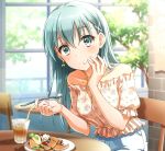  10s 1girl alternate_costume blurry blurry_background cup drink drinking_glass drinking_straw food food_on_face green_eyes green_hair hair_between_eyes highres holding kantai_collection long_hair off-shoulder_shirt puffy_short_sleeves puffy_sleeves shirt short_sleeves sitting solo suzuya_(kantai_collection) zattape 