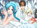  blonde_hair blue_eyes blue_hair brown_hair church dress flower freckles hibiki_kanzaki highres ishtar_(macross) koolannad macross macross_2 multicolored_hair sylvie_gena tuxedo two-tone_hair wedding wedding_dress 