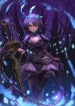  1girl alice_(sinoalice) arm_at_side bare_tree belt black_legwear breasts cleavage dress elbow_gloves gloves hairband highres looking_at_viewer medium_breasts night night_sky pink_eyes planted_weapon purple_dress purple_gloves purple_hair shente_(sharkpunk) short_hair single_glove sinoalice sky solo standing sword thigh-highs tree weapon 