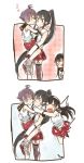  10s 3girls agano_(kantai_collection) black_hair blank_eyes carrying closed_eyes heart hug hug_from_behind itomugi-kun kantai_collection long_hair multiple_girls ponytail purple_hair sakawa_(kantai_collection) school_uniform serafuku short_hair single_thighhigh skirt thigh-highs yahagi_(kantai_collection) 