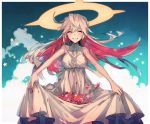  1girl blonde_hair candy closed_eyes dress food grin guilty_gear guilty_gear_xrd halo jack-o_(guilty_gear) lollipop long_hair looking_at_viewer smile suzunashi white_dress 
