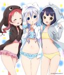  3girls :o absurdres animal_hood anko_(gochiusa) artist_name bangs bikini black_hair blue_bikini blue_eyes blue_hair blunt_bangs blush braid bunny_hood camisole character_hood chimame-tai closed_eyes closed_mouth commentary_request cowboy_shot eyebrows_visible_through_hair fang flat_chest food frilled_bikini frills gochuumon_wa_usagi_desu_ka? hair_between_eyes hand_to_own_mouth highres holding holding_food hood hoodie ice_cream ice_cream_cone jouga_maya kafuu_chino light_blue_hair long_hair long_sleeves looking_at_viewer multiple_girls natsu_megumi navel neki_(wakiko) open_mouth pink_bikini redhead short_hair sidelocks smile sparkle standing star stomach swimsuit tippy_(gochiusa) twin_braids twintails twitter_username white_hood wild_geese yellow_bikini yellow_eyes 