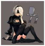  1girl air_(air_end) arm_support black_gloves black_legwear blindfold breasts cleavage cleavage_cutout gloves hairband leotard leotard_under_clothes long_sleeves medium_breasts mole mole_under_mouth nier_(series) nier_automata pelvic_curtain pod_(nier_automata) puffy_long_sleeves puffy_sleeves short_hair silver_hair sitting solo thigh-highs yorha_no._2_type_b 