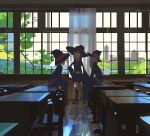  3girls belt boots brown_hair building chair classroom commentary curtains desk dress hat indoors kagari_atsuko little_witch_academia long_hair long_sleeves lotte_jansson multiple_girls pink_hair reflection reflective_floor school school_desk school_uniform sitting smile snatti sucy_manbavaran table tree window witch witch_hat 