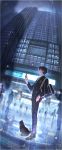  1boy arm_at_side backlighting black_hair blazer blurry blurry_background building cat fisheye from_side full_body glasses glasses_removed hand_in_pocket hand_up holding holding_glasses j_315_(jean) jacket kurusu_akira light long_sleeves looking_at_viewer male_focus morgana_(persona_5) night outdoors pants parted_lips persona persona_5 plaid plaid_pants rain school_uniform short_hair side_glance skyscraper solo_focus standing umbrella water_drop 