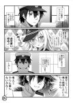  10s 1boy 1girl 4koma :d admiral_(kantai_collection) aikawa_touma blush comic commentary_request flat_cap greyscale grin hat hibiki_(kantai_collection) kantai_collection long_hair military military_uniform monochrome naval_uniform open_mouth page_number peaked_cap shaded_face short_hair smile translation_request uniform 