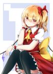  &gt;:t 1girl :t ascot bangs black_legwear blonde_hair blush bow closed_mouth crystal flandre_scarlet frilled_shirt_collar frilled_sleeves frills hair_bow highres looking_at_viewer no_hat no_headwear panties pantyshot pantyshot_(sitting) puffy_short_sleeves puffy_sleeves red_bow red_eyes red_skirt red_vest shirt short_sleeves side_ponytail sitting skirt skirt_set solo thigh-highs touhou underwear vest white_panties white_shirt wings wrist_cuffs yuki_(snowmaiden) 