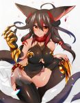  1girl ahoge animal_ears black_hair black_legwear blush breasts cleavage fang large_breasts looking_at_viewer mofuaki multicolored_hair open_mouth original red_eyes redhead smile solo thigh-highs two-tone_hair 