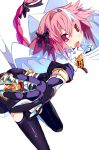  1boy braid cape fate/apocrypha fate/grand_order fate_(series) fur_trim garter_straps gauntlets long_hair male_focus miyakawa106 open_mouth outstretched_hand pink_hair ribbon rider_of_black single_braid smile violet_eyes 