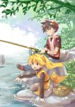  1boy 1girl baseball_bat basket black_hair blonde_hair fishing fishing_rod food full_body grass kneeling long_sleeves nature outdoors pants pokemon pokemon_special pond ponytail red_(pokemon) sandwich short_sleeves sitting smile tree unagi_(kobucha_blaster) water wristband yellow_(pokemon) 