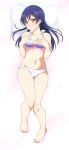  1girl barefoot bikini blue_hair breasts cleavage dakimakura embarrassed frilled_bikini frills full_body highres long_hair love_live! love_live!_school_idol_project lying medium_breasts navel solo sonoda_umi swimsuit turkey_min white_bikini white_bikini_bottom yellow_eyes 