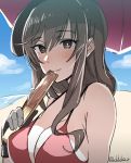  1girl bangs beach bikini black_gloves blush breasts brown_eyes brown_hair cleavage closed_mouth clouds cloudy_sky day fan girls_und_panzer gloves holding holding_fan large_breasts long_hair looking_at_viewer mature outdoors paper_fan pink_bikini portrait shimada_chiyo sky smile solo swimsuit twitter_username umbrella yusukesan 