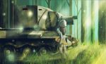  1girl black_hair bt-42 forest girls_und_panzer grass ground_vehicle instrument jinguu_(4839ms) kantele keizoku_school_uniform mika_(girls_und_panzer) military military_vehicle motor_vehicle nature tank 