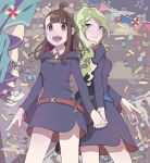 2girls absurdres back-to-back blue_eyes brown_hair candy diana_cavendish dress food green_hair hand_holding highres kagari_atsuko little_witch_academia long_hair looking_at_viewer multicolored_hair multiple_girls open_mouth red_eyes school_uniform smile yuri 