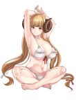  1girl ahoge anila_(granblue_fantasy) armpits arms_up bangs bare_legs barefoot bikini blunt_bangs breasts brown_hair cleavage closed_mouth eyebrows_visible_through_hair front-tie_bikini front-tie_top full_body granblue_fantasy hair_ribbon hikimayu horns indian_style large_breasts long_hair looking_at_viewer michihasu navel ribbon simple_background sitting smile solo swimsuit very_long_hair white_background white_bikini yellow_eyes 