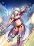  1girl absurdres bare_shoulders blue_eyes boots bow braid breasts brown_legwear cleavage eyebrows_visible_through_hair hair_bow hair_ribbon highres holding holding_sword holding_weapon knee_boots large_breasts long_hair looking_at_viewer midriff nani_(goodrich) navel original silver_hair solo sword thigh-highs weapon white_bow wind 