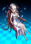  1girl blonde_hair blue_eyes blush breasts chair cleavage dungeon_and_fighter highres horns kim_jin_sung long_hair looking_at_viewer parted_lips red_eyes short_hair sitting smile solo white_skin 