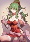  1girl absurdres bare_shoulders blush bracelet breasts cape chiki choker cleavage dress fire_emblem fire_emblem:_kakusei fire_emblem:_mystery_of_the_emblem garter_straps gloves green_eyes green_hair hair_ornament hair_over_one_eye hair_ribbon highres jewelry large_breasts long_hair looking_at_viewer older parted_lips patreon_reward pink_legwear pointy_ears ponytail red_dress ribbon short_dress side_slit sidelocks smile solo songjikyo sparkle strapless strapless_dress thigh-highs 