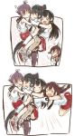  10s 4girls ? agano_(kantai_collection) black_hair blank_eyes carrying closed_eyes hug hug_from_behind itomugi-kun kantai_collection long_hair multiple_girls noshiro_(kantai_collection) ponytail purple_hair sakawa_(kantai_collection) school_uniform serafuku short_hair single_thighhigh skirt sweatdrop thigh-highs white_background yahagi_(kantai_collection) 