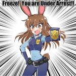  1girl animal_ears badge brown_eyes brown_hair bunny_tail english iesupa judy_hopps police police_badge police_uniform policewoman rabbit_ears rwby tail uniform velvet_scarlatina zootopia 