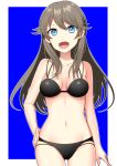  1girl :d absurdres bare_shoulders bikini black_bikini blue_(pokemon) blue_eyes breasts brown_hair cleavage day hand_on_hip highres long_hair looking_at_viewer medium_breasts navel open_mouth pokemon pokemon_special simple_background sky smile solo swimsuit white_background yuihiko 