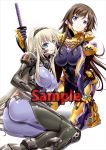  2girls ass blonde_hair blue_eyes bodysuit breasts brown_hair cleavage closed_mouth covered_navel erect_nipples eyebrows_visible_through_hair hair_ribbon hairband irisdina_bernhard kneeling large_breasts long_hair looking_at_viewer lying multiple_girls muvluv muvluv_alternative official_art on_side parted_lips pilot_suit ribbon sample schwarzesmarken sheath shiny shiny_clothes shiny_hair skin_tight smile soyosoyo sword takamura_yui very_long_hair violet_eyes watermark weapon white_background 
