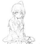  10s 1girl bare_shoulders buttons ear_visible_through_hair eyebrows_visible_through_hair greyscale hair_between_eyes hair_flaps hair_over_shoulder hair_ribbon jacket kantai_collection kodera_ju long_hair long_sleeves looking_at_viewer monochrome neck_ribbon remodel_(kantai_collection) ribbon sailor_collar side_ponytail sidelocks sitting sleeveless smile solo very_long_hair yura_(kantai_collection) 