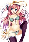  1girl :d absurdres bra garters green_eyes highres lingerie long_hair navel open_mouth panties pink_hair polka_dot polka_dot_bra polka_dot_panties ribbon side-tie_panties smile solo strap_slip thigh-highs tomose_shunsaku two_side_up underwear underwear_only untied wrist_ribbon 