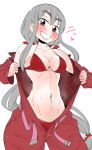  1girl alternate_costume bikini blush bow breasts cleavage flashing fujiwara_no_mokou grey_hair grin highres jumpsuit long_hair looking_at_viewer medium_breasts navel open_clothes ponytail red_eyes smile solo sweat swimsuit takeu thick_eyebrows touhou 
