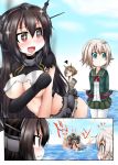  +_+ /\/\/\ 10s 3girls :d bow bowtie brown_hair burnt_clothes cannon covering covering_breasts elbow_gloves explosion gloves green_eyes headgear kantai_collection long_hair machinery multiple_girls mutsu_(kantai_collection) nagato_(kantai_collection) ocean open_mouth ouno_(nounai_disintegration) pantyhose pleated_skirt red_eyes remodel_(kantai_collection) school_uniform serafuku shimushu_(kantai_collection) short_hair silver_hair skirt smile sparkle standing standing_on_liquid tearing_up tears thigh-highs torn_clothes turret white_legwear 