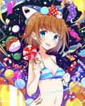  1girl blue_eyes blush breasts brown_hair candy candy_cane cleavage food holding_lollipop looking_at_viewer navel original sakeharasu short_hair signature small_breasts smile solo tongue upper_body 