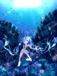  1girl blue_eyes blue_hair blush eyebrows_visible_through_hair fish hatsune_miku highres looking_at_viewer miya_sakaori parted_lips shinkai_shoujo_(vocaloid) sitting solo twintails underwater vocaloid 