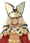  1girl abs bared_teeth cleavage_cutout grin guilty_gear guilty_gear_xrd hat highres looking_at_viewer ramlethal_valentine simple_background smile tan under_boob white_background white_hair 