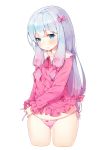  1girl absurdres artist_name ayami_(annahibi) bangs blue_eyes blunt_bangs blush bow bow_panties buttons closed_mouth cowboy_shot eromanga_sensei eyebrows_visible_through_hair frilled_sleeves frills gluteal_fold gradient gradient_hair hair_bow highres izumi_sagiri legs legs_apart long_hair long_sleeves looking_at_viewer low-tied_long_hair multicolored_hair neck_ribbon pajamas panties pink_bow pink_panties pink_ribbon purple_hair ribbon side-tie_panties sidelocks silver_hair simple_background solo standing sweatdrop underwear very_long_hair white_background 