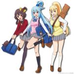  3girls :d :i alternate_hairstyle aqua_(konosuba) bag between_breasts black_legwear blonde_hair blue_eyes blue_hair bow bowtie brown_hair character_doll chomusuke contemporary darkness_(konosuba) hair_bobbles hair_ornament hair_rings hand_on_hip kono_subarashii_sekai_ni_shukufuku_wo! loafers long_hair megumin mismatched_legwear multiple_girls official_art one_leg_raised open_mouth plaid plaid_skirt pleated_skirt ponytail red_eyes satou_kazuma school_bag school_uniform shoes short_hair_with_long_locks short_ponytail single_thighhigh skirt smile standing standing_on_one_leg strap_cleavage stuffed_toy sweater_vest thigh-highs weapon_bag white_background white_legwear x_hair_ornament 