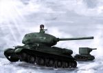  1girl day girls_und_panzer ground_vehicle jinguu_(4839ms) katyusha kv-2 military military_vehicle motor_vehicle sky snow t-34 tank 