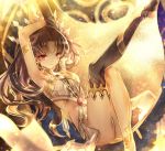  1girl anklet armlet armpits arms_up bare_shoulders black_hair blush crown earrings elbow_gloves fate/grand_order fate_(series) glitter gloves gold hair_ribbon hoop_earrings ishtar_(fate/grand_order) jewelry long_hair looking_at_viewer miyuki_ruria navel neck_ring pelvic_curtain red_eyes ribbon single_elbow_glove single_thighhigh smile solo stomach thigh-highs tohsaka_rin two_side_up 