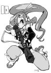  1girl anti-materiel_rifle bikini_top boots flame_print greyscale gun hair_ornament highres imaishi_hiroyuki monochrome ponytail rifle scarf shorts simple_background skull_hair_ornament sniper_rifle solo studded_bracelet tengen_toppa_gurren_lagann weapon white_background yoko_littner 