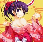  1girl absurdres animal_ears back bare_back bare_shoulders blush bow breasts c: carrot carrot_hair_ornament closed_eyes closed_mouth fake_animal_ears female floral_print flower hair_bow hair_flower hair_ornament hairclip hands hands_up highres japanese_clothes kimono large_breasts long_sleeves looking_at_viewer looking_back matching_hair/eyes neck off_shoulder pink_clothes pink_flower pink_kimono pink_rose ponytail purple_hair rabbit_ears red_bow red_flower red_rose rose short_hair sideboob sleeves_past_wrists smile solo tomose_shunsaku violet_eyes wide_sleeves yellow_background 