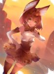  1girl animal_ears armpits bangs bare_shoulders blush bow bowtie cowboy_shot elbow_gloves gloves hand_on_hip high-waist_skirt hitaki_yuu kemono_friends looking_at_viewer open_mouth print_bowtie serval_(kemono_friends) serval_ears serval_print shirt short_hair skirt sleeveless sleeveless_shirt solo thigh-highs white_gloves yellow_bow yellow_bowtie yellow_legwear 